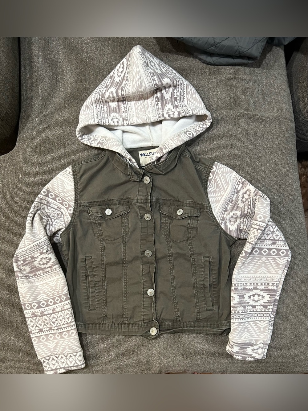 Wallflower Olive Jean Jacket with Gray Patterned Hood & Sleeves